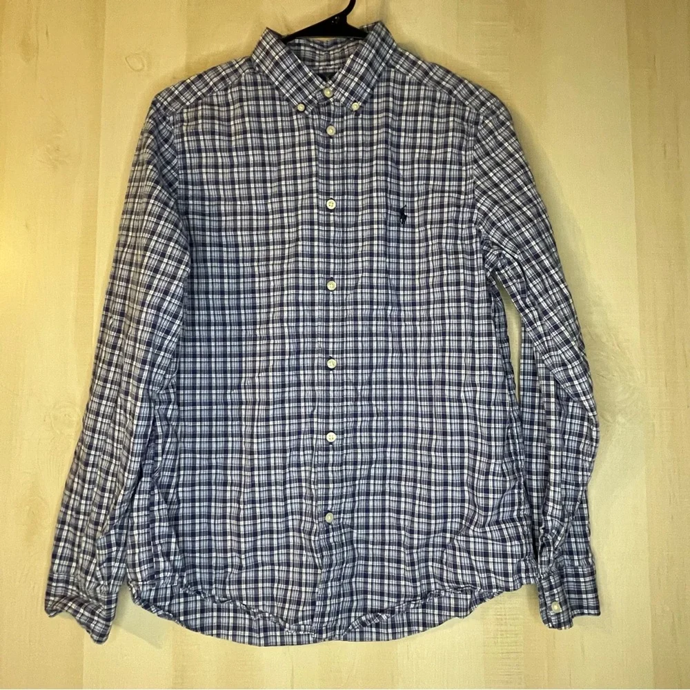 Ralph Lauren blue white plaid long sleeve button front shirt size XL Youth 18/20